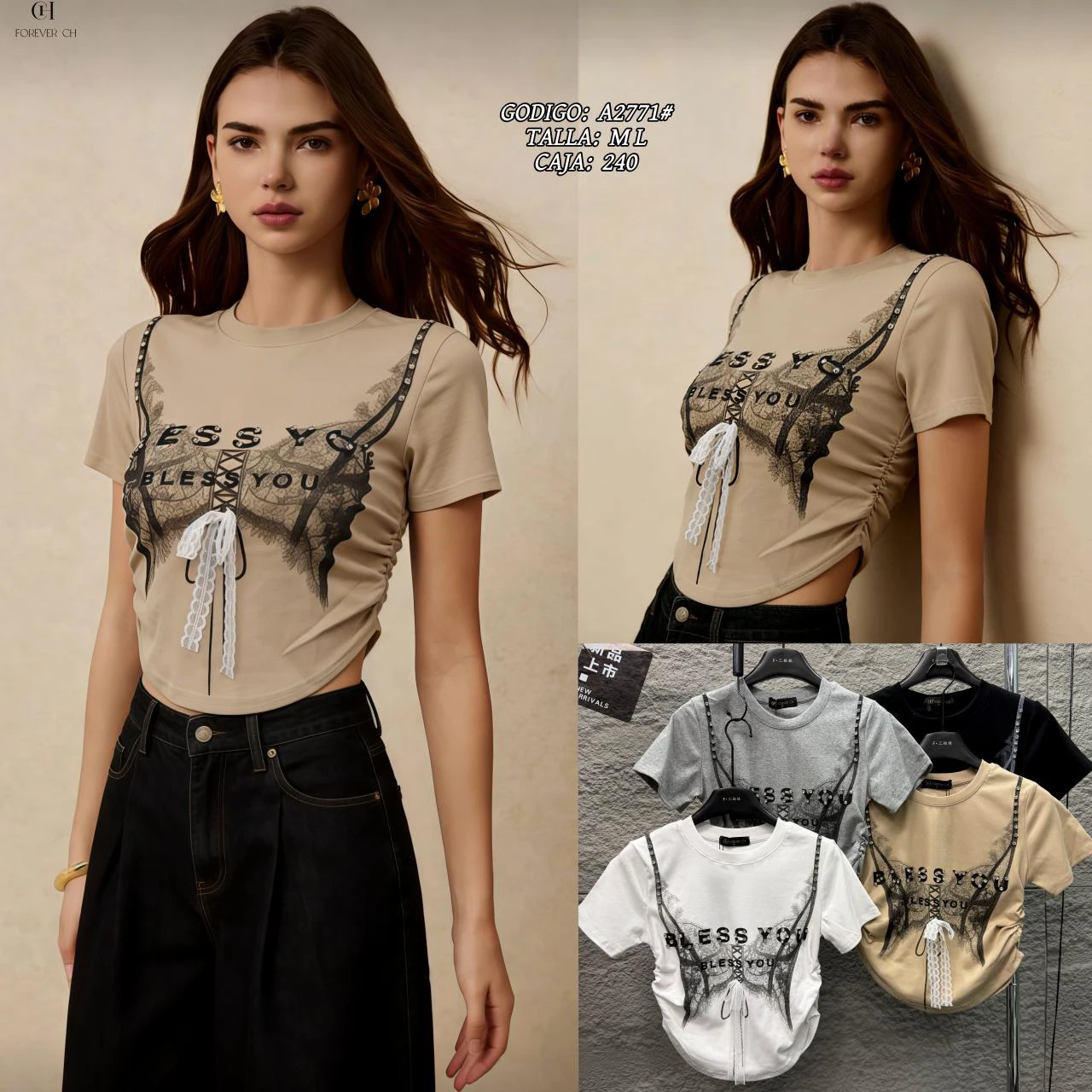 Top de manga corta con estampado de corsé y detalle de lazo-A2771