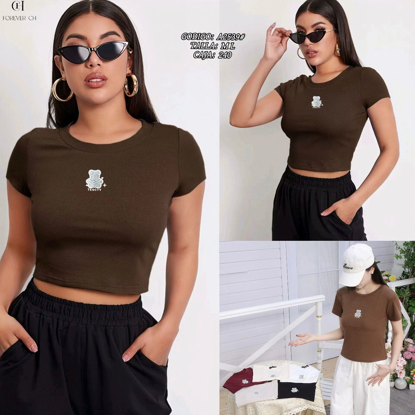 Playera Crop Top Acanalada con Bordado de Oso-A2539