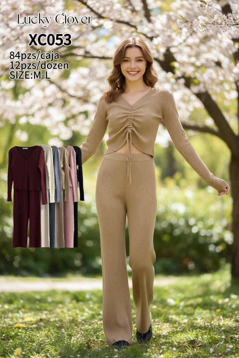 Conjunto de punto acanalado para mujer-XC053