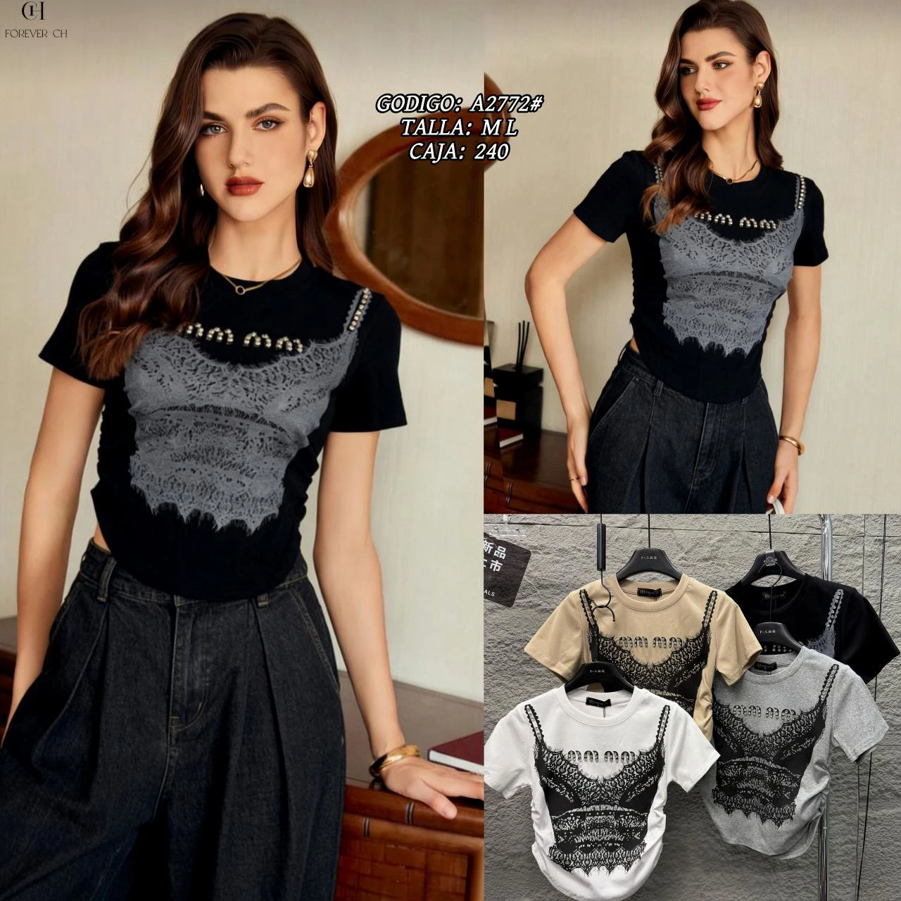 Playera de manga corta con diseño de corsé de encaje-A2772