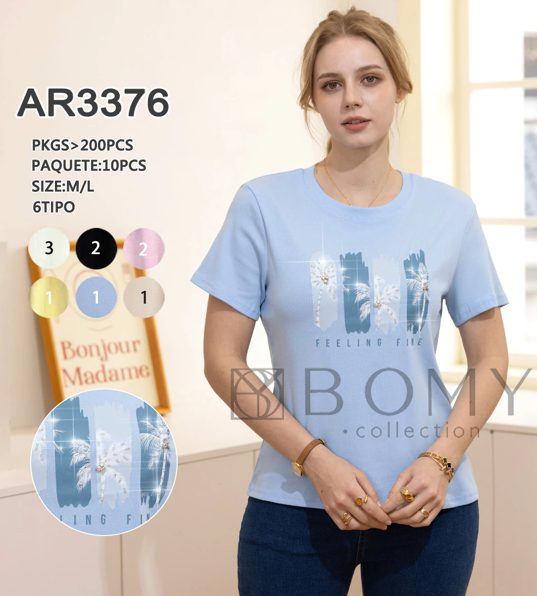 Playera de mujer con estampado de palmeras y texto-AR3376