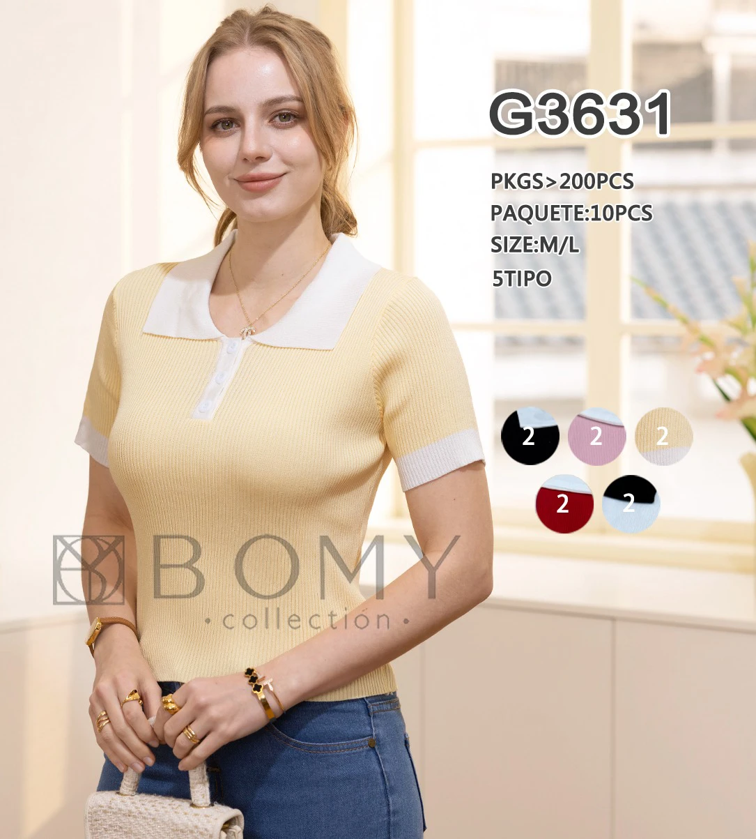 Blusa de punto con cuello polo y manga corta-G3631