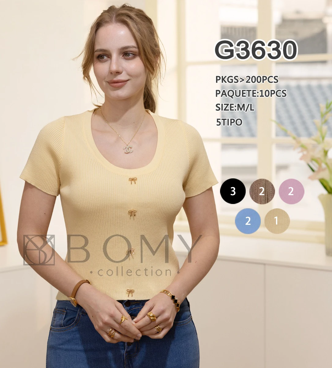 Top de punto de manga corta con botones decorativos-G3630