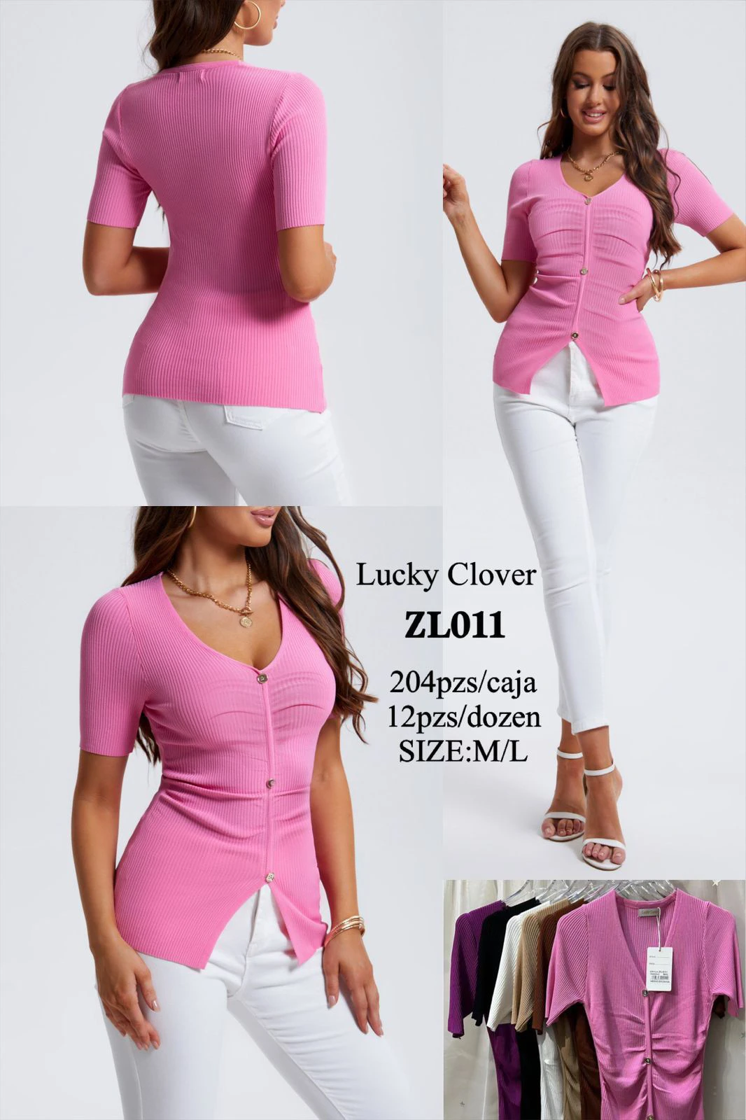 Blusa acanalada con cuello V-ZL011