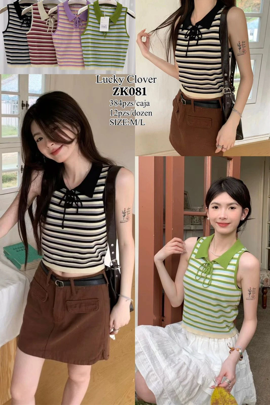 Playera de rayas sin mangas con cuello tipo polo y detalle de lazo-ZK081