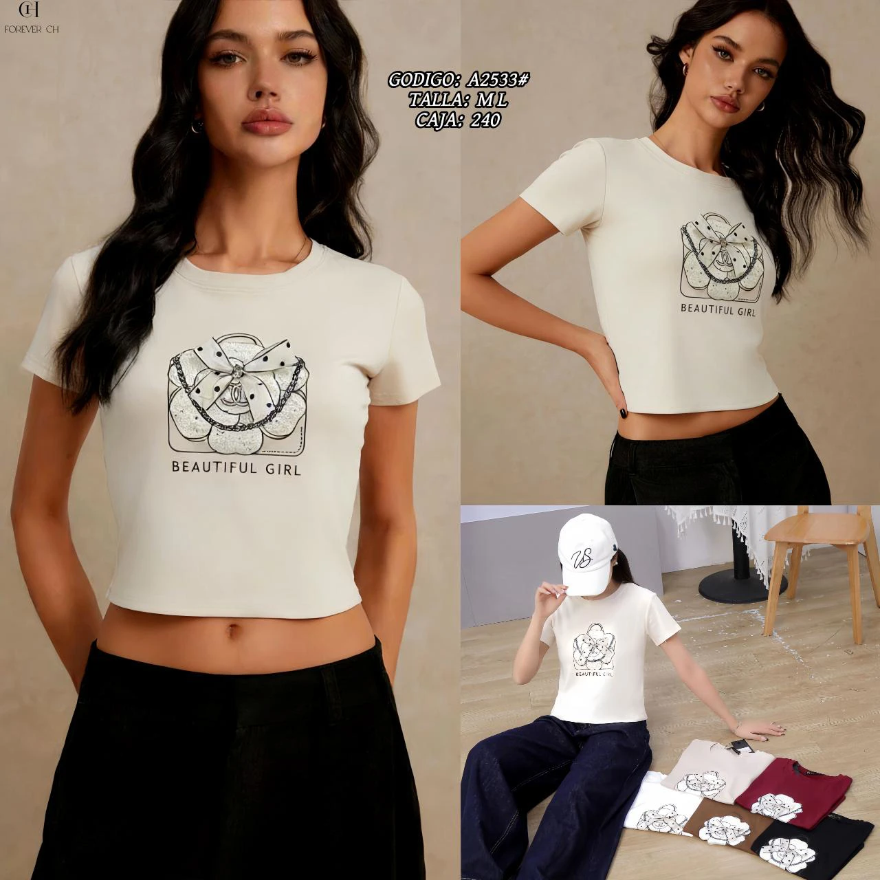 Playera crop con estampado de bolso y moño-A2533