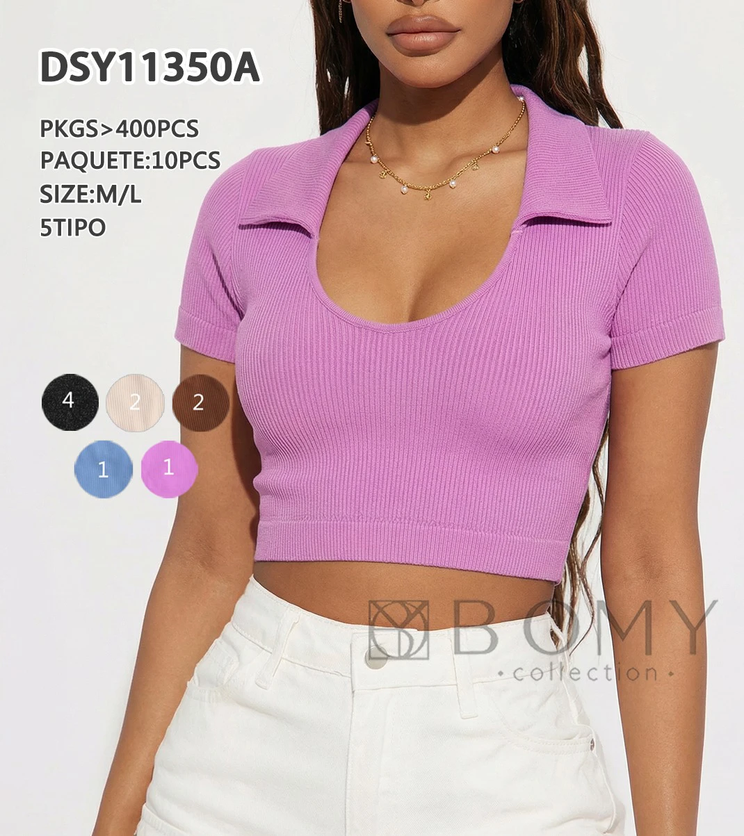 Top de manga corta acanalado con cuello polo-DSY11350A
