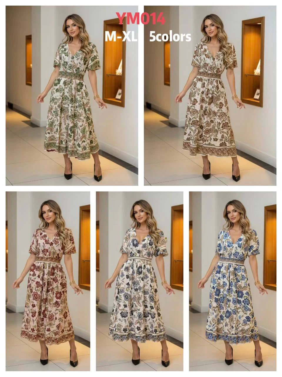 Vestido largo con cuello en V y estampado floral-YM014