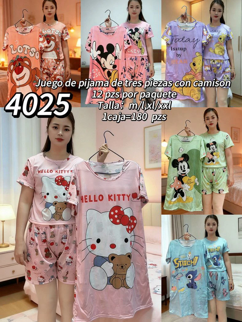 Conjunto de pijama de tres piezas con camisón de personajes animados-4025