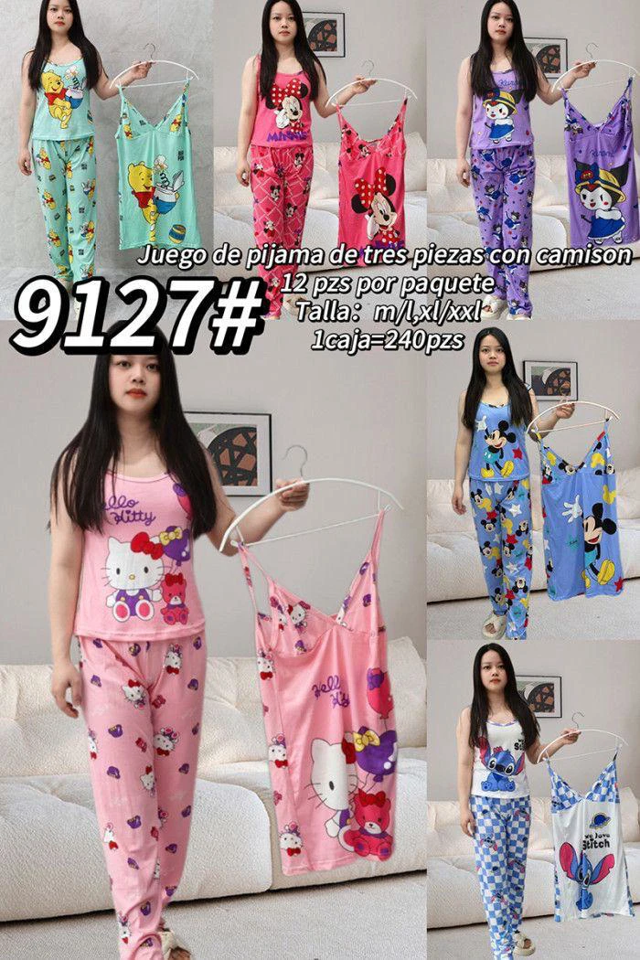 Juego de pijama de tres piezas con camisón de personajes animados-9127
