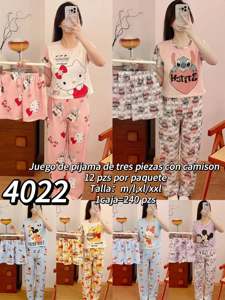 Conjunto de pijama de tres piezas con camisón-4022