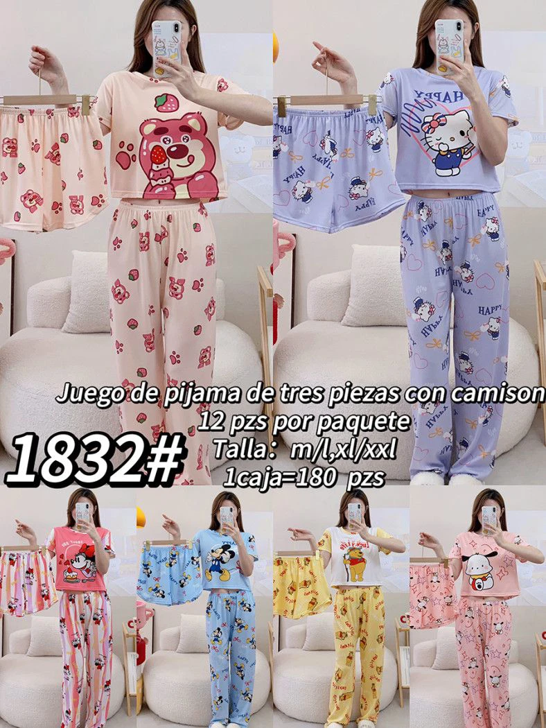 Juego de pijama de tres piezas con camisón de personajes-1832