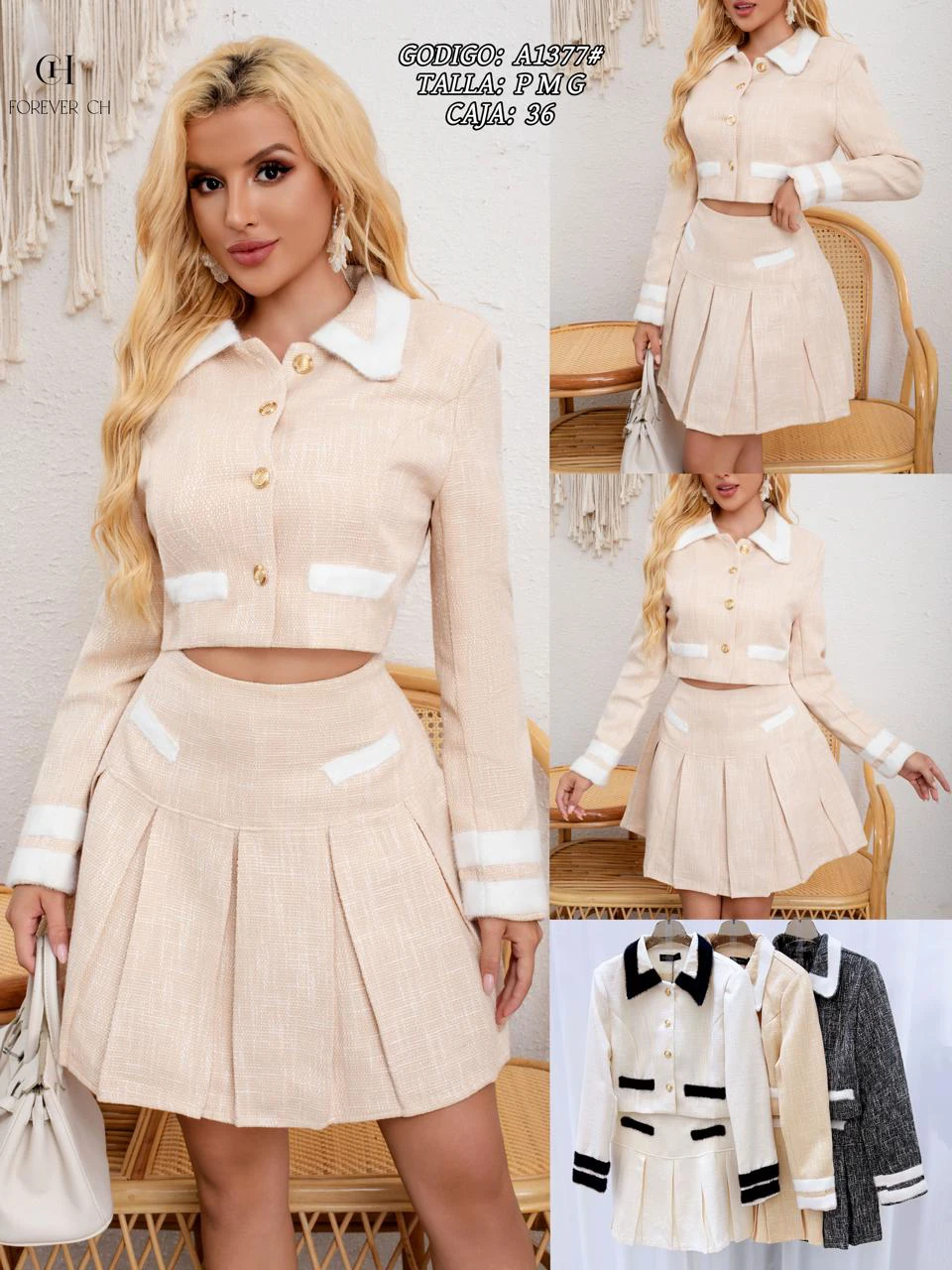 Conjunto de falda y chaqueta con ribete de peluche-A1377