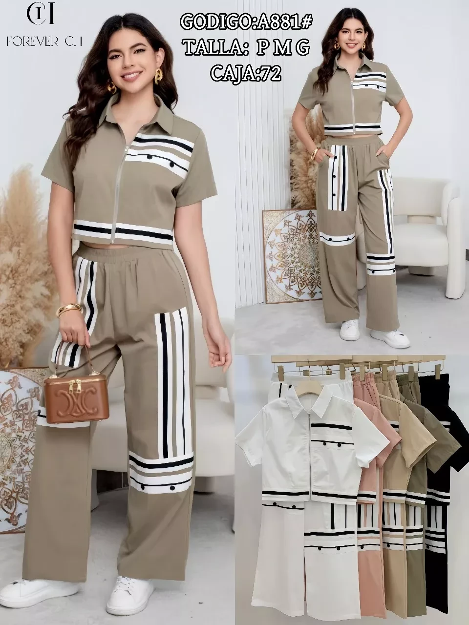 Conjunto de top y pantalones con diseño a rayas-A881