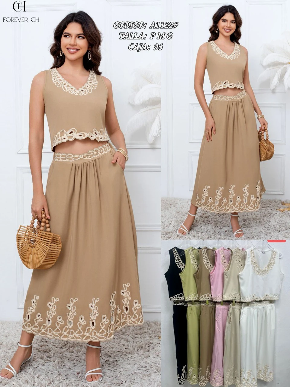 Conjunto de top y falda con bordados-A1122