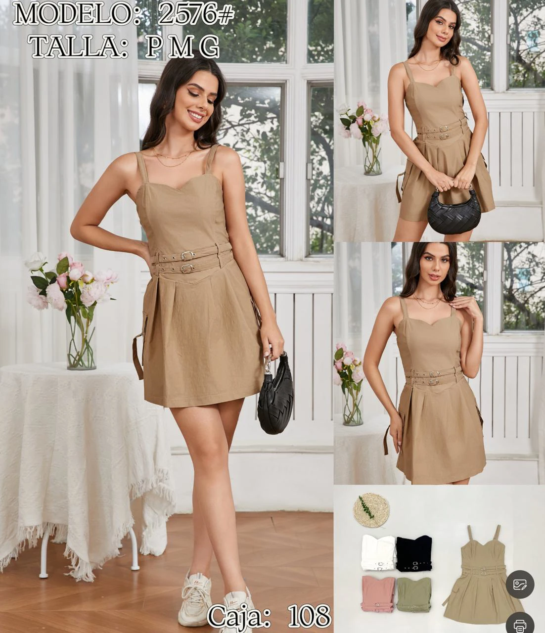 Vestido corto con tirantes y cinturón-2576