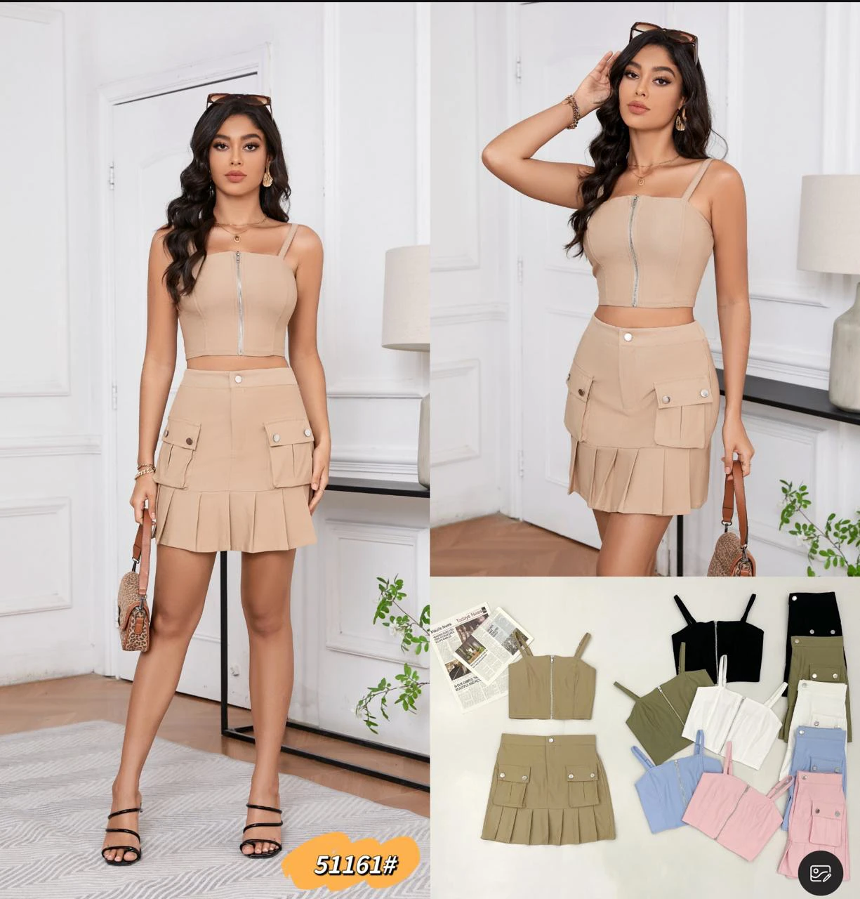 Conjunto de top crop con tirantes y falda mini cargo plisada-51161