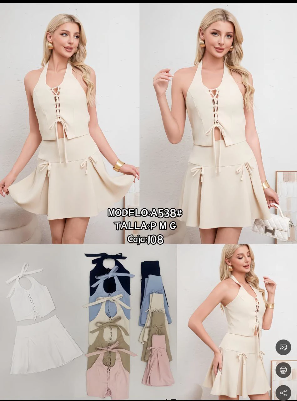Conjunto de Top Halter con Cordones y Falda-A538