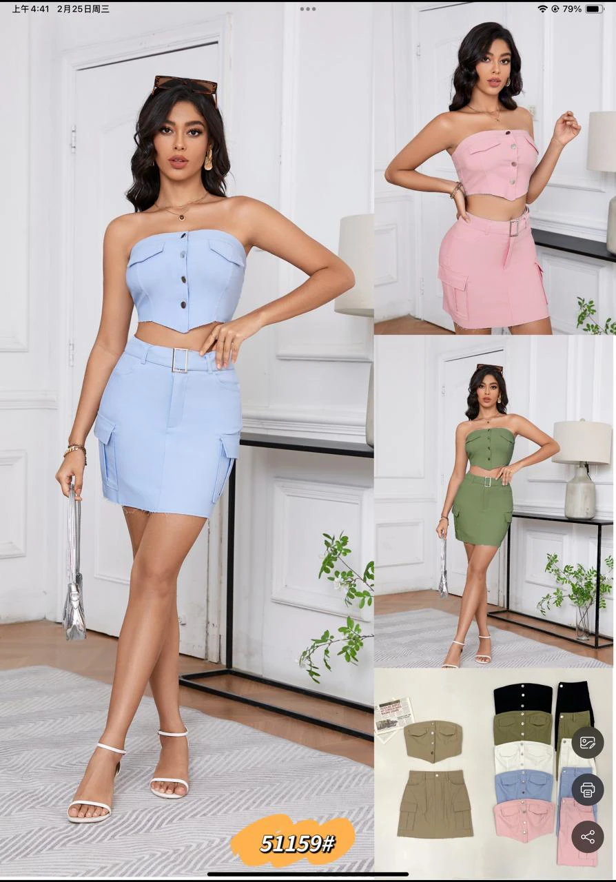 Conjunto de top strapless y minifalda cargo con cinturón-51159