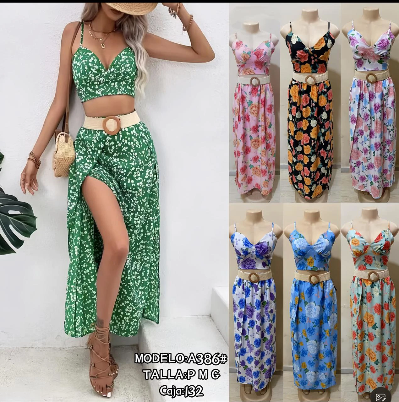 Conjunto de top corto y falda larga con estampado floral-A386