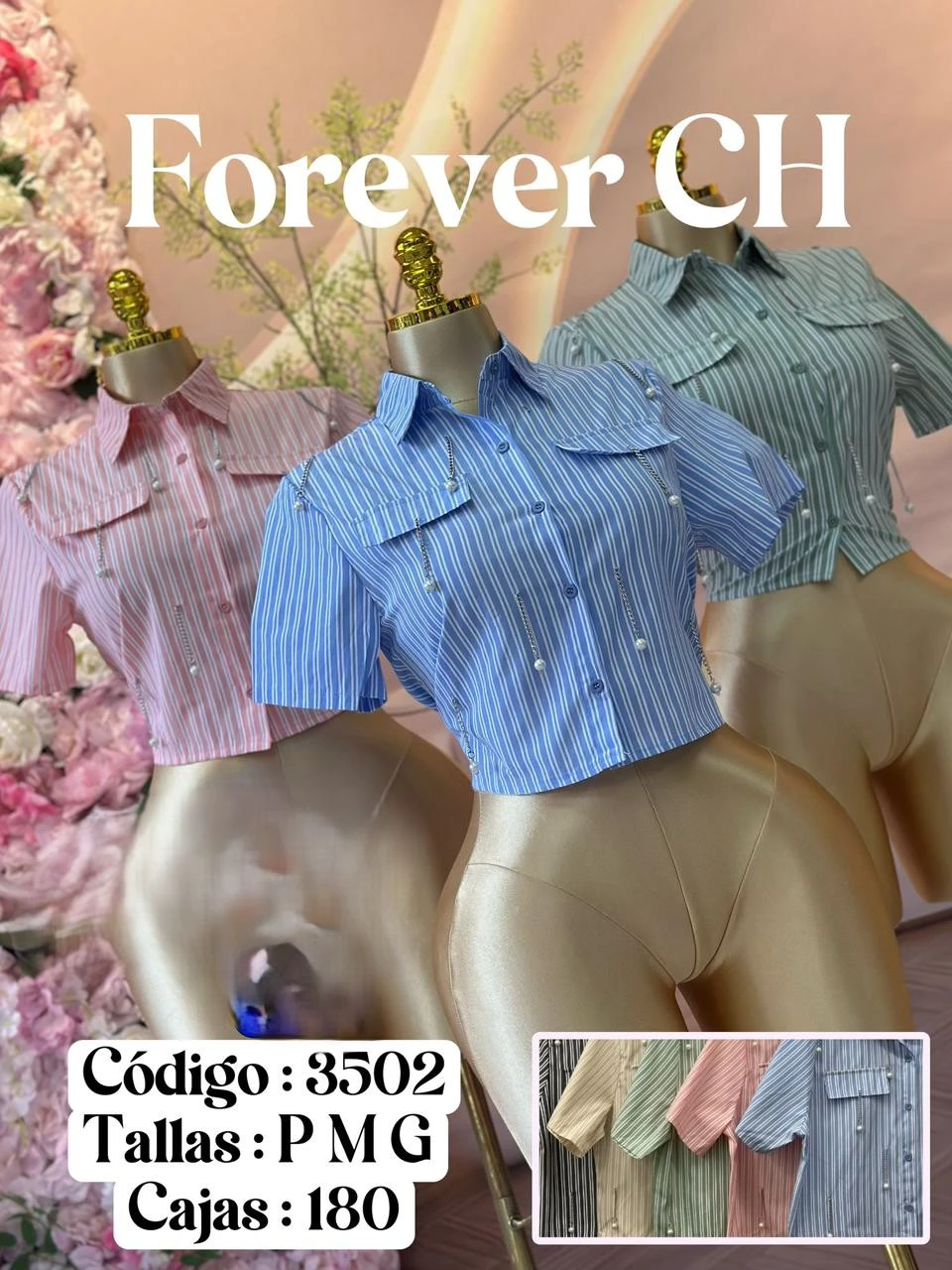 Camisa corta de rayas con detalles de perlas-3502