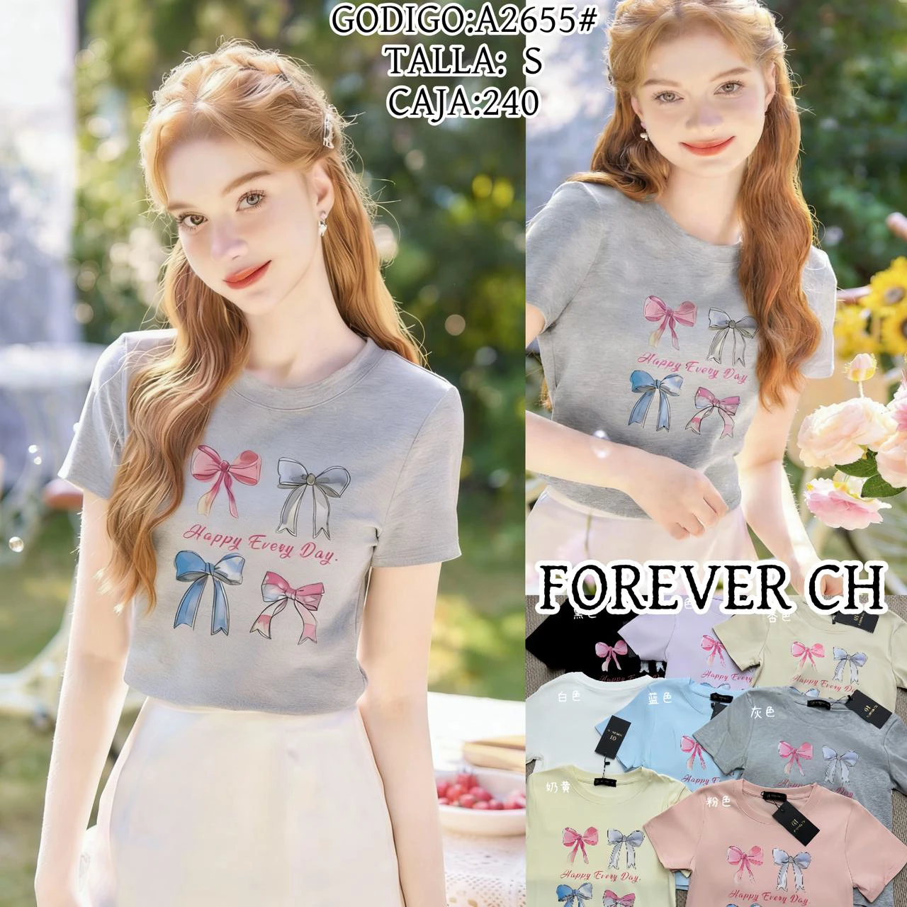 Camiseta con estampados de lazos y mensaje-A2655