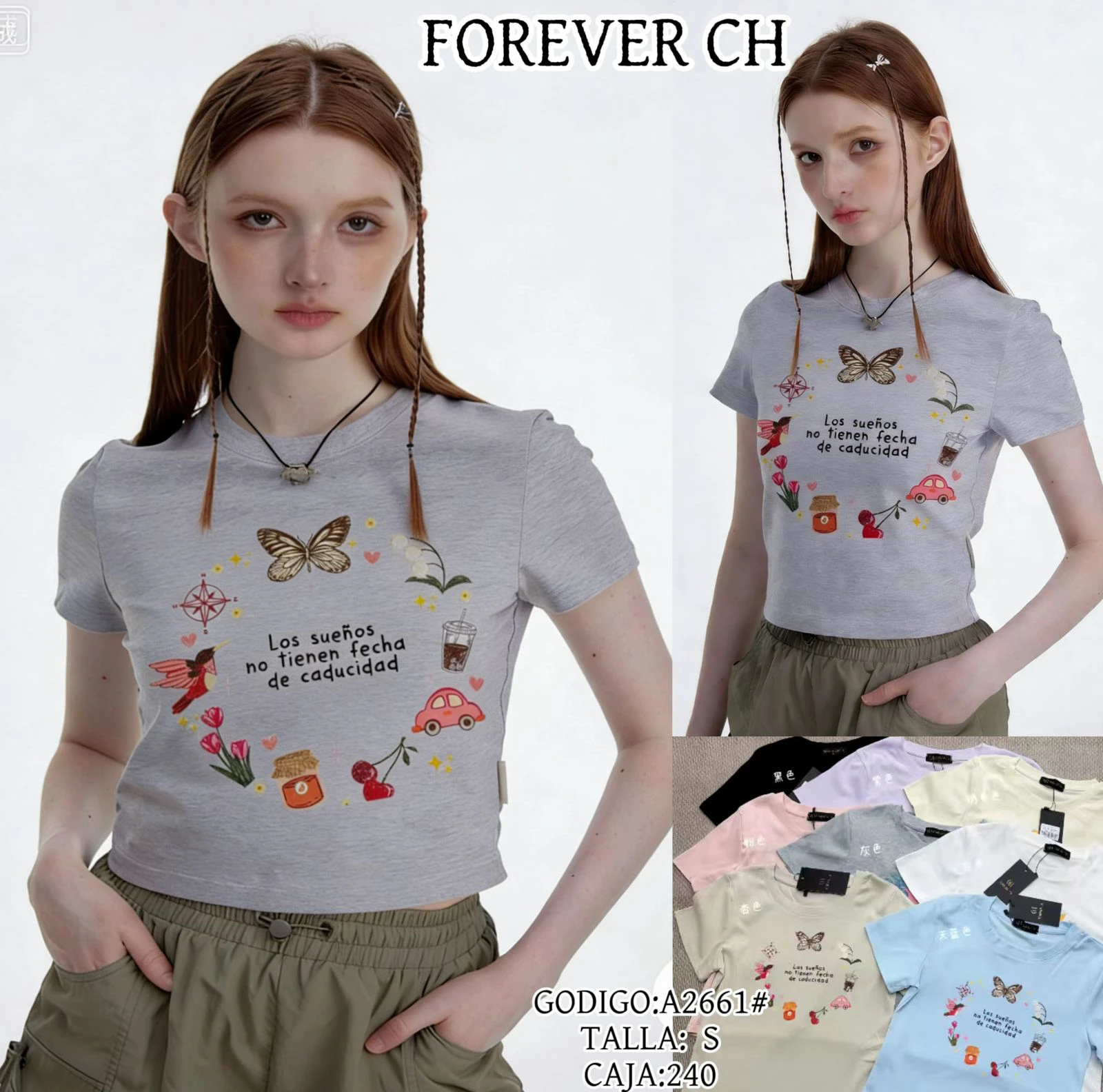 Playera de manga corta con estampado de mariposa y frase-A2661