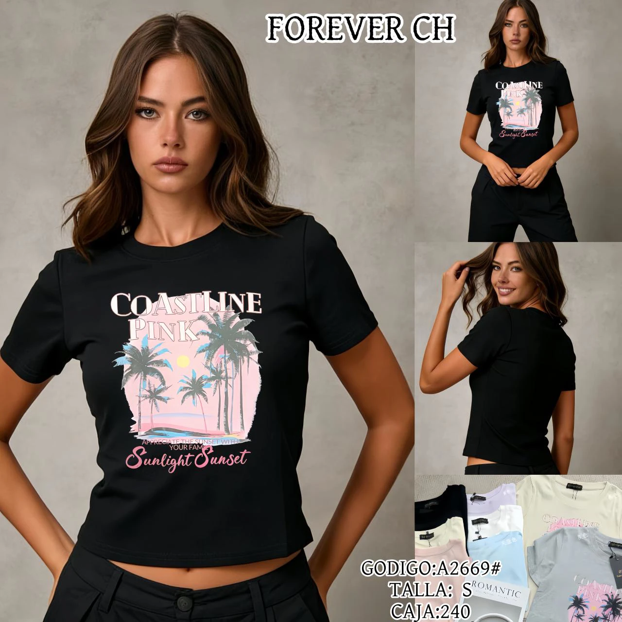 Playera estampada con diseño tropical de palmeras y puesta de sol-A2669