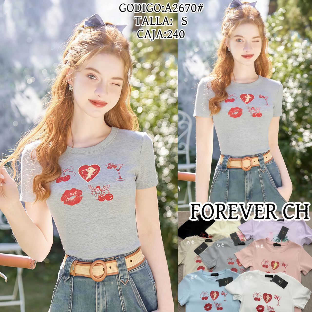 Camiseta de manga corta con estampado de corazones y labios-A2670