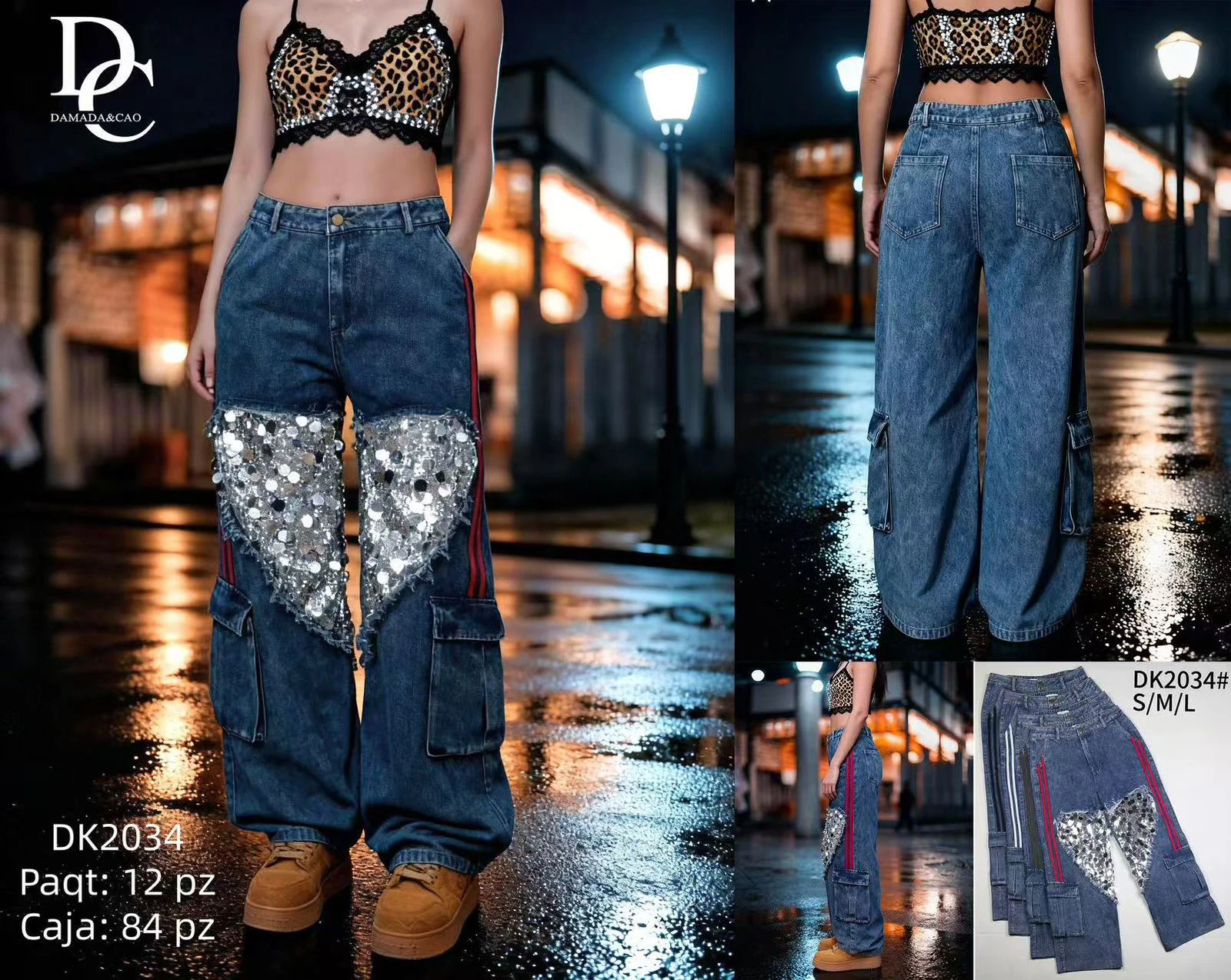 Jeans cargo con lentejuelas y raya lateral-DK2034
