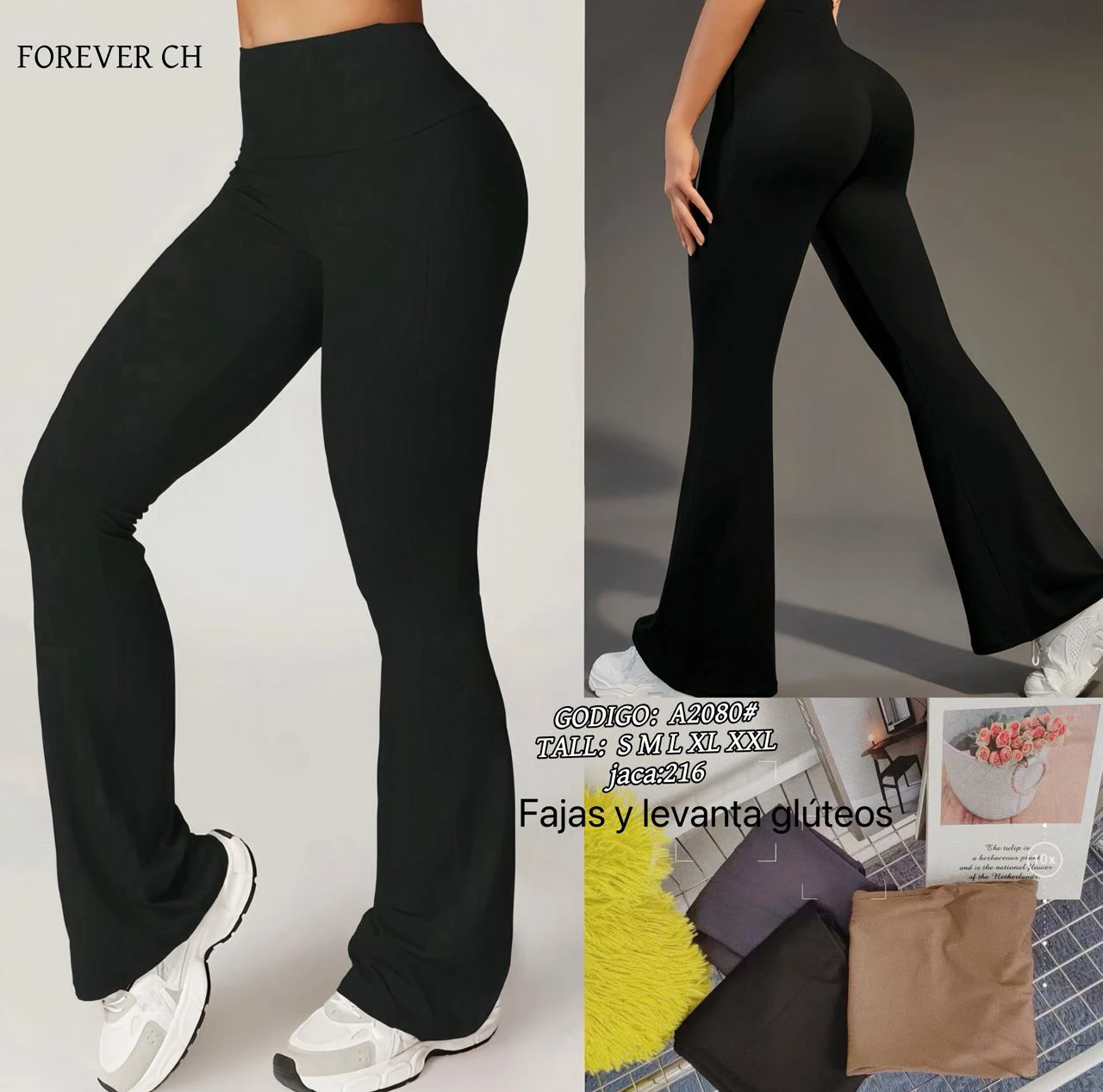 Pantalones acampanados de tiro alto con efecto faja y levanta glúteos-A2080