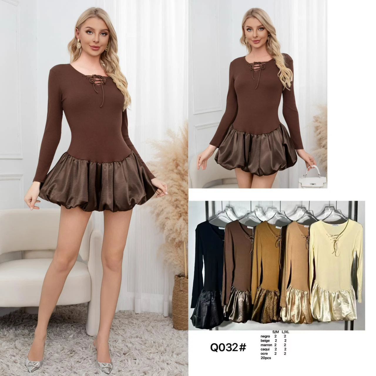 Vestido manga larga con falda abullonada-Q032#
