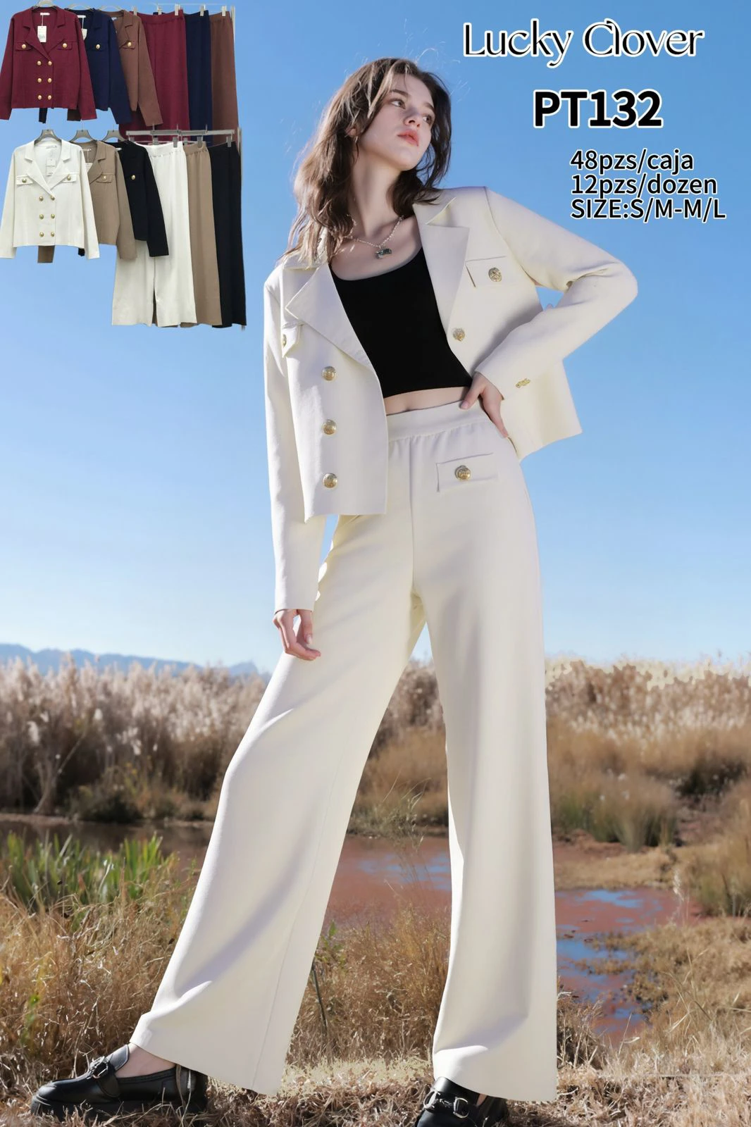Conjunto de pantalón y blazer con botones dorados-PT132