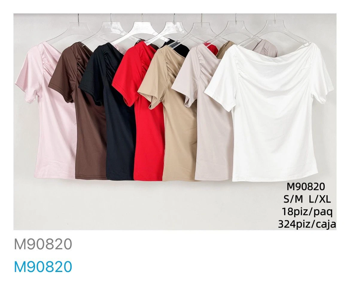 Top de manga corta con escote drapeado y fruncido-M90820