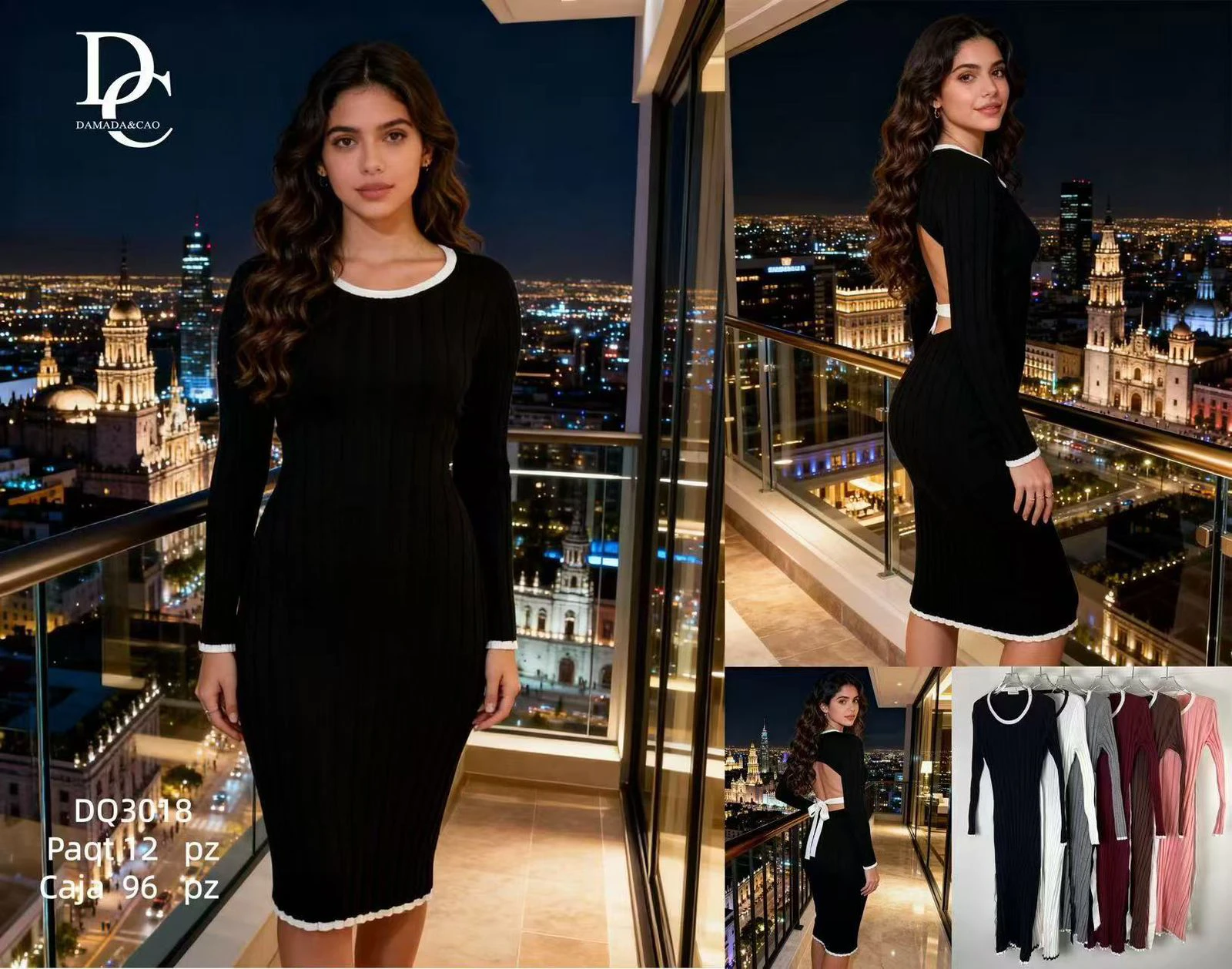 Vestido midi con ribete blanco-DQ3018
