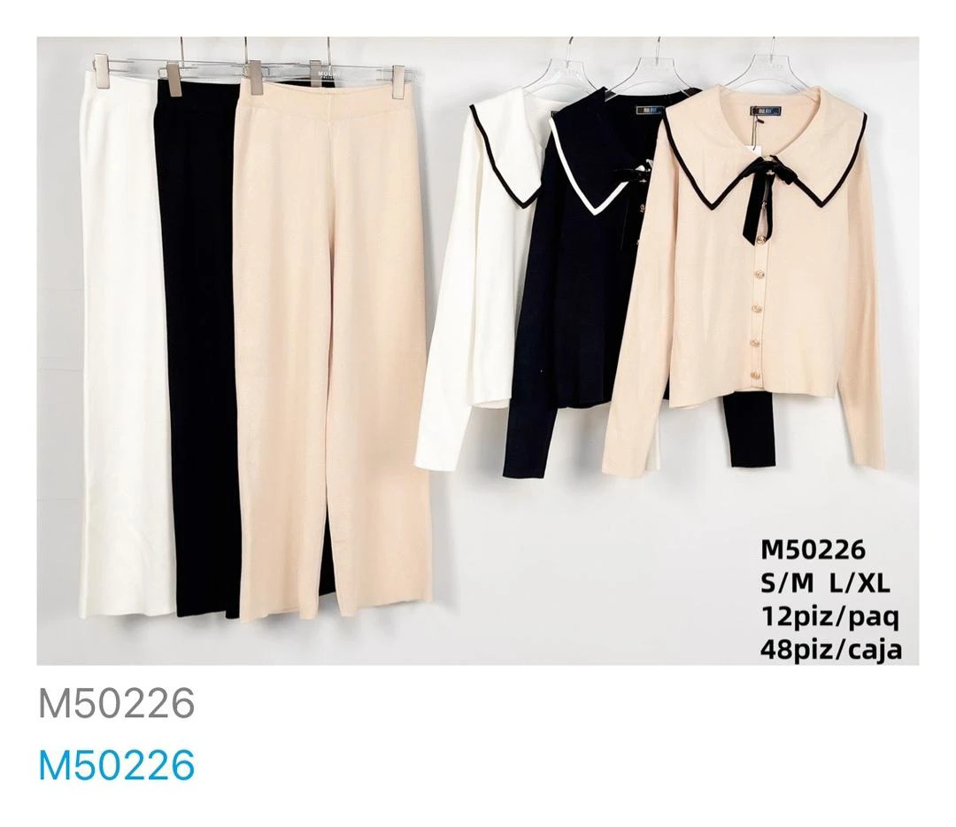 Conjunto de cárdigan con cuello y pantalón largo-M50226