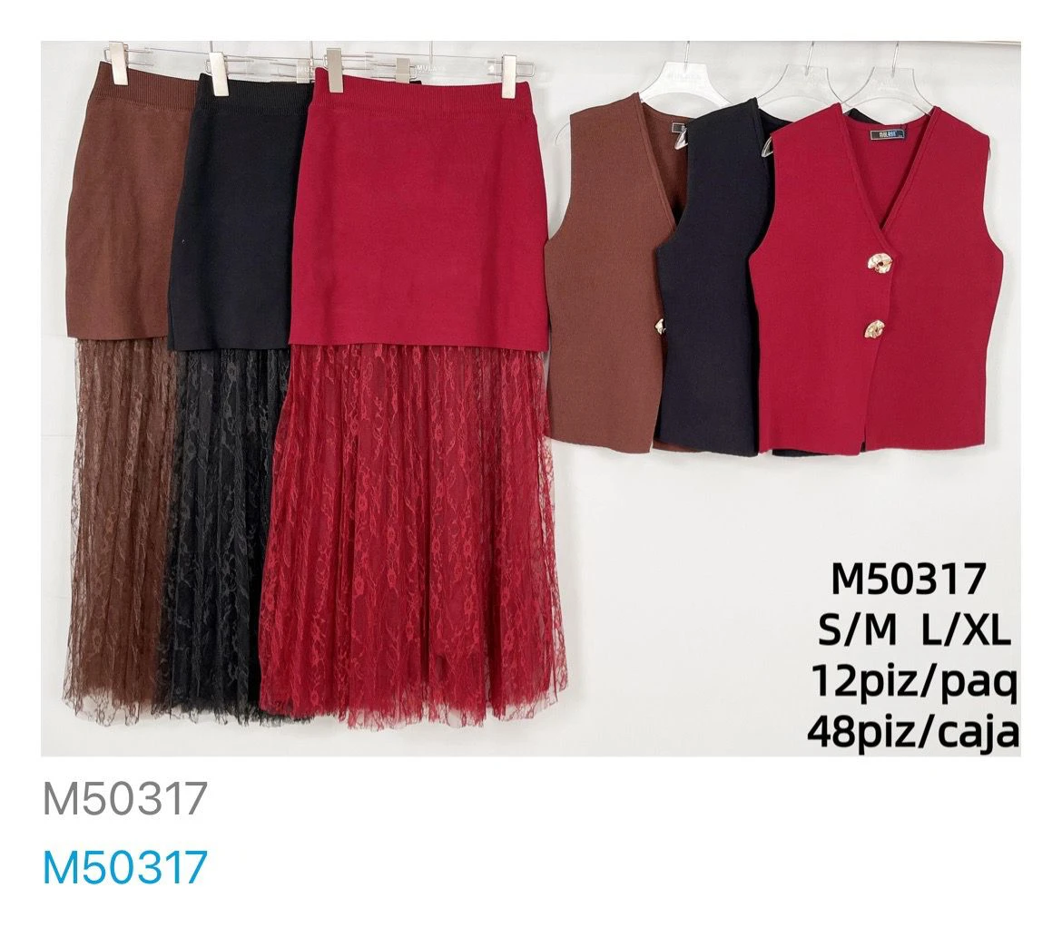 Conjunto de top de sisas y falda con encaje-M50317