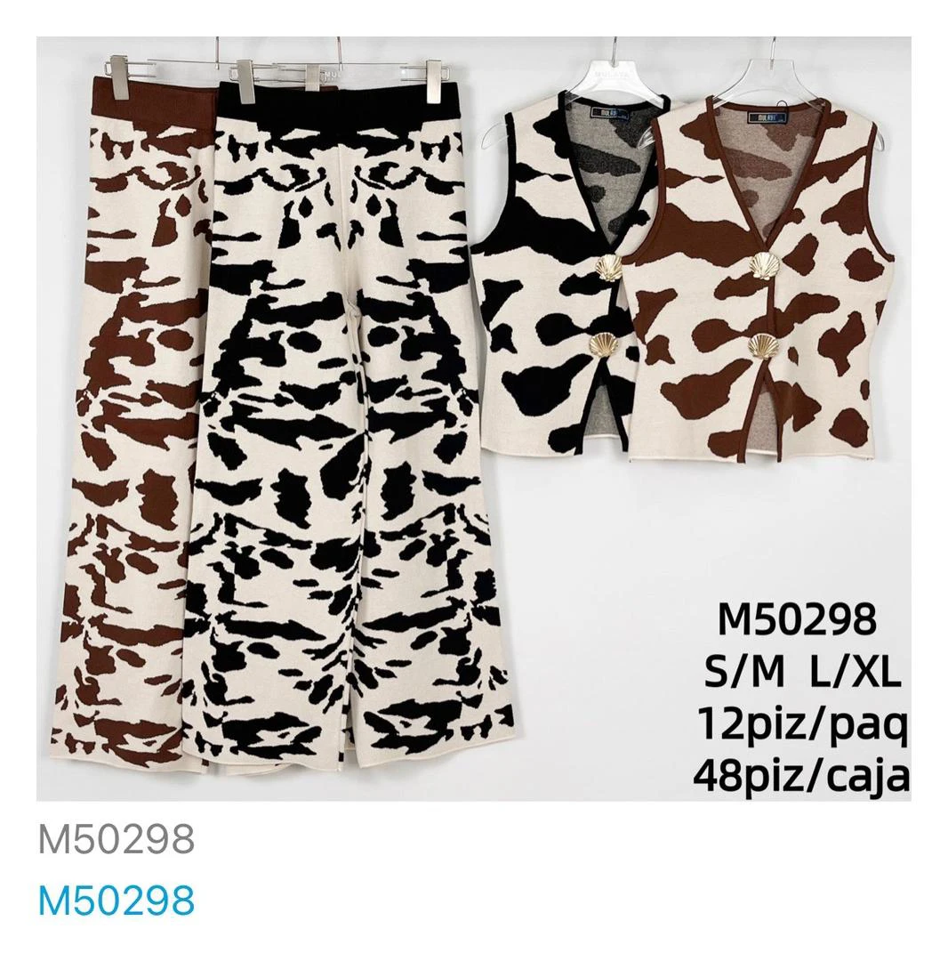 Conjunto de chaleco y pantalón de punto con estampado animal-M50298