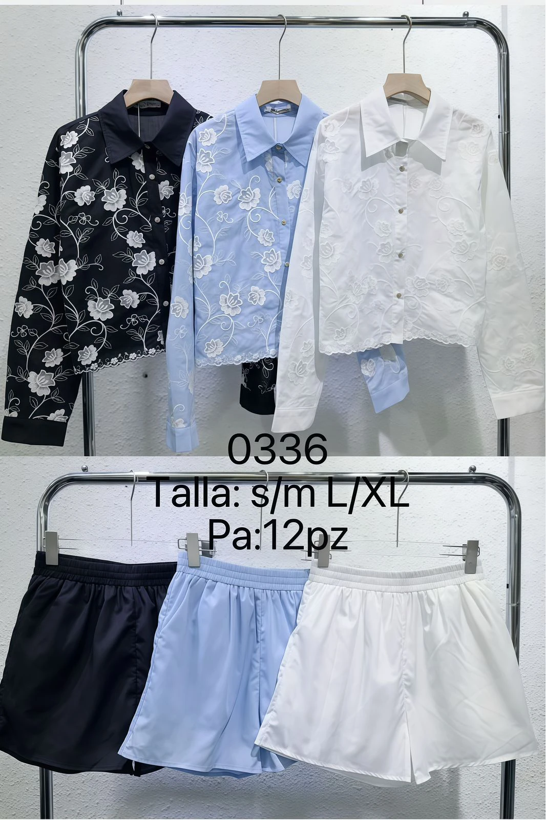 Conjunto de blusa con bordado floral y shorts-0336