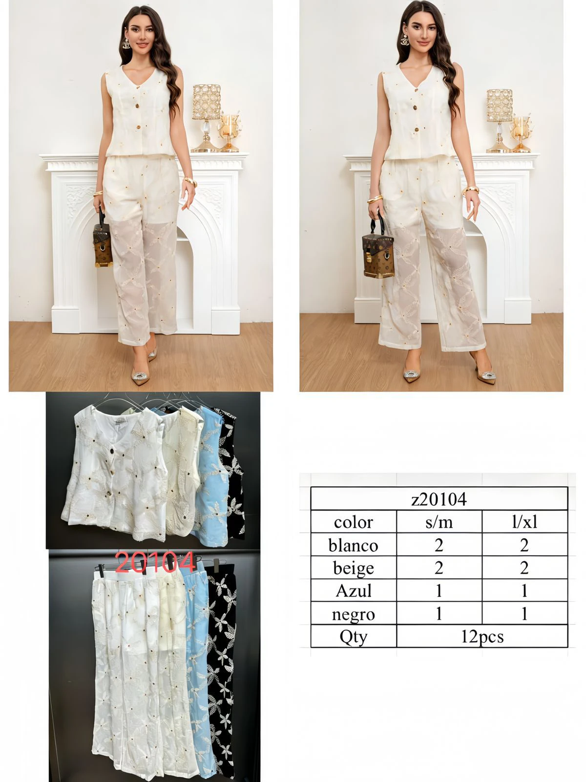 Conjunto de blusa sin mangas y pantalón de pierna ancha con bordados-Z20104
