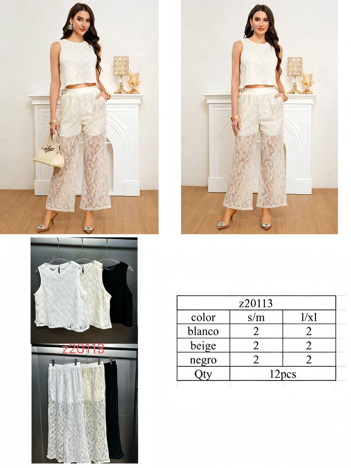 Conjunto de top sin mangas y pantalón de encaje-Z20113