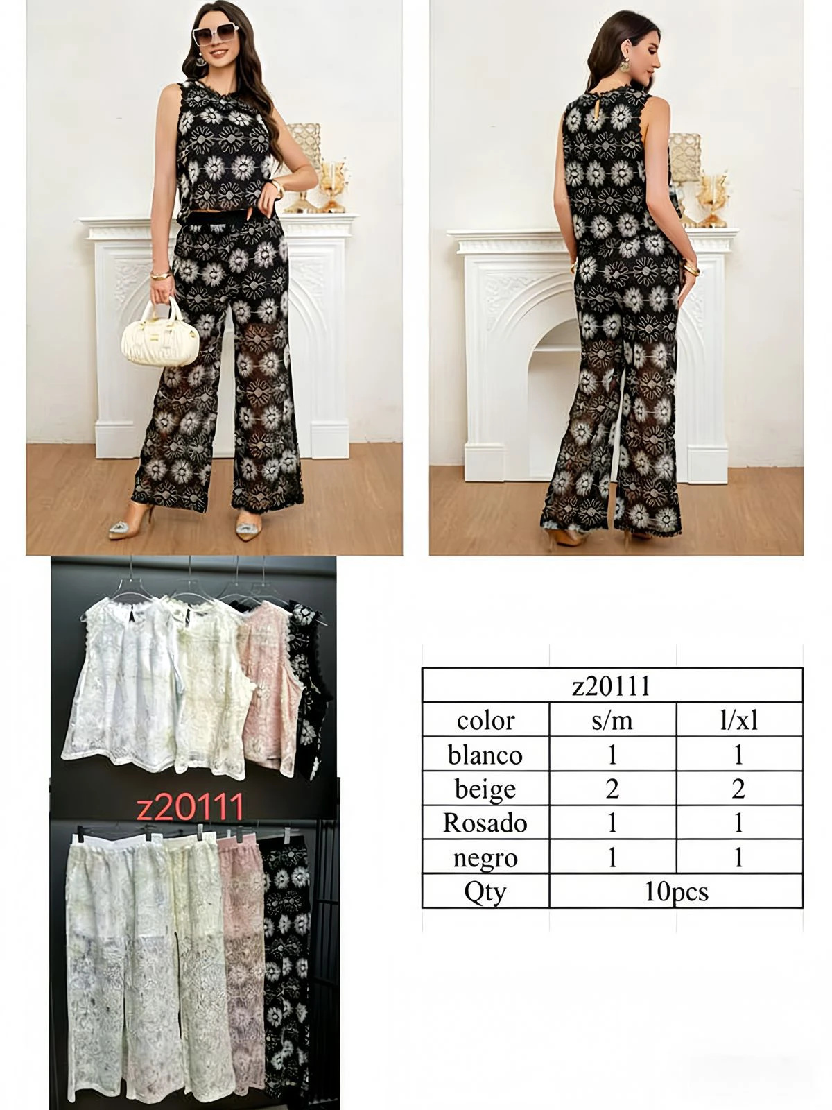Conjunto de Top y Pantalón Largo de Encaje Floral-Z20111
