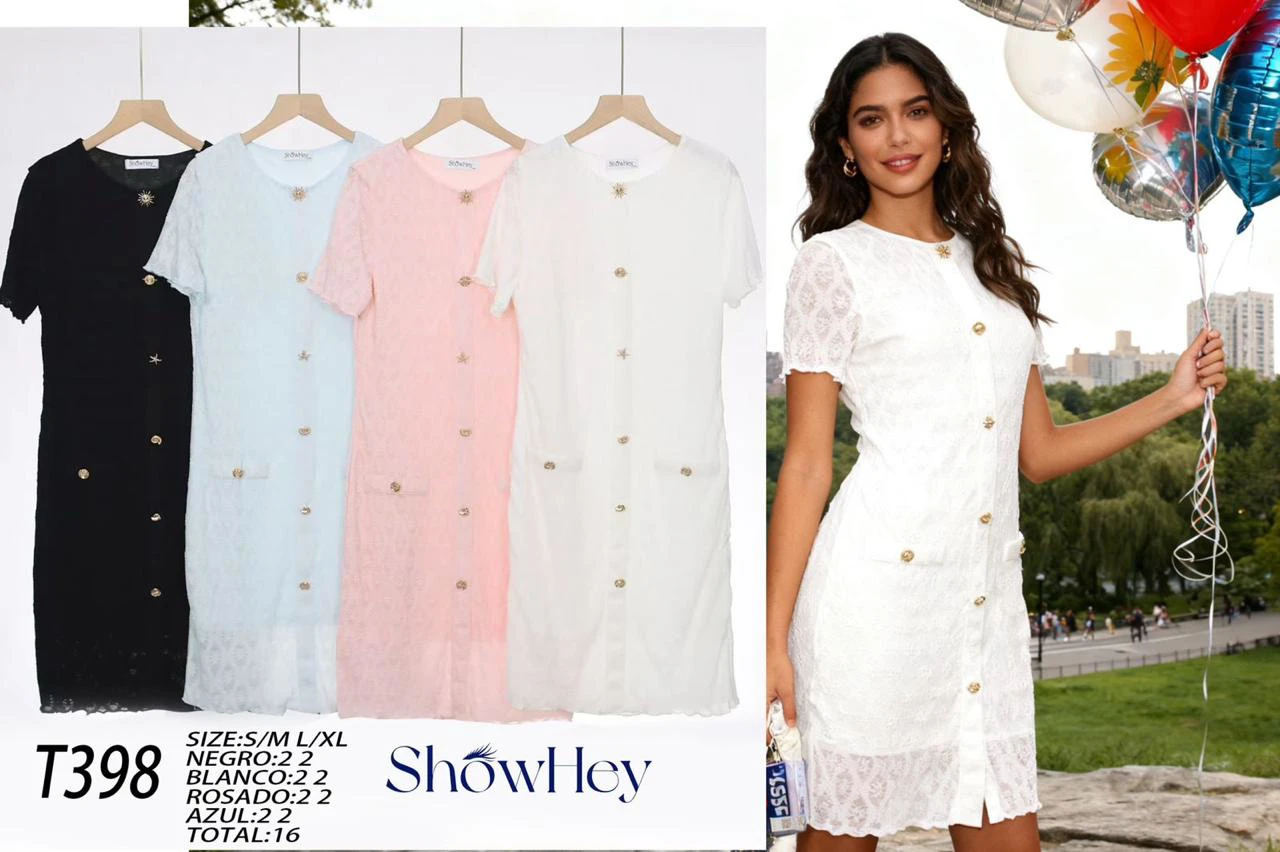 Vestido corto de textura con botones-T398