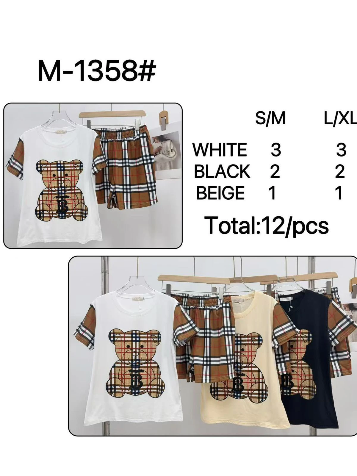 Conjunto de playera y shorts estampado de oso-M-1358