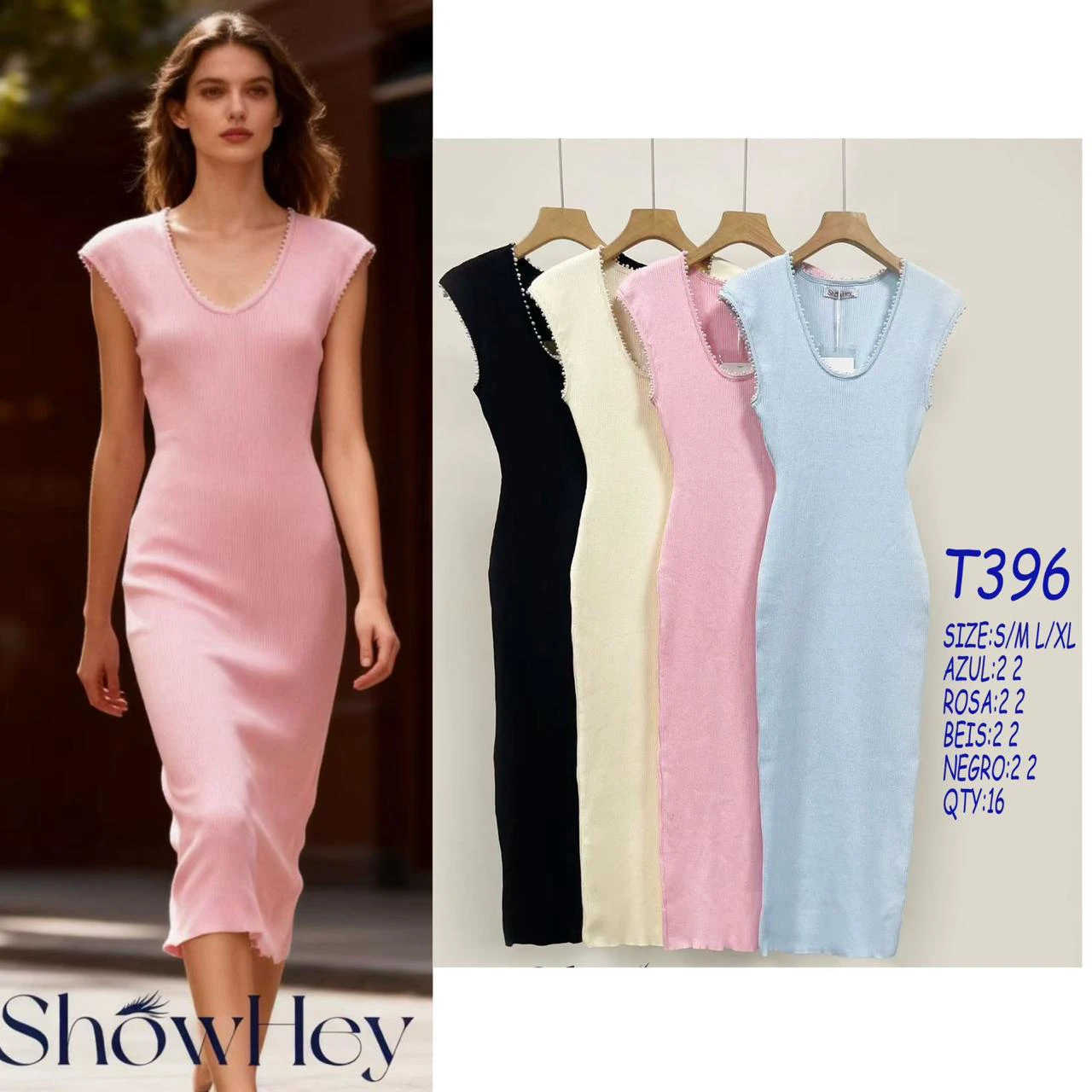 Vestido midi ajustado de punto con escote y detalle de perlas-T396