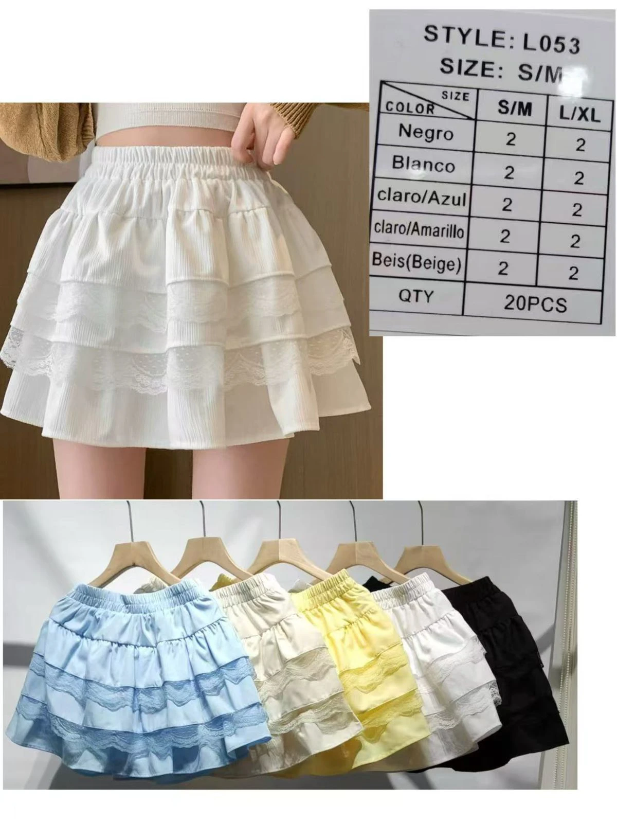 Falda escalonada con encaje-L053