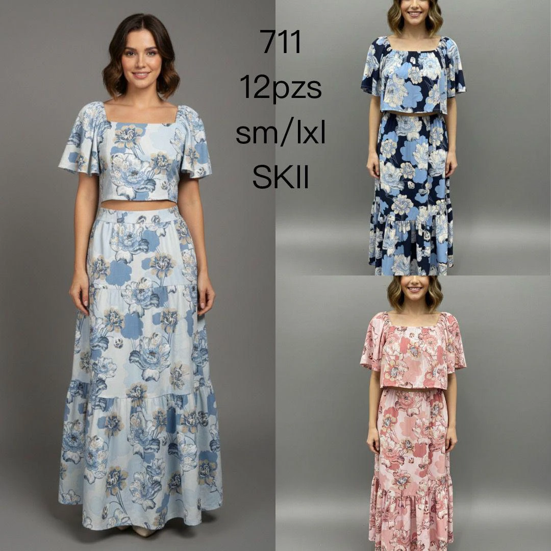 Conjunto de Top y Falda Larga con Estampado Floral-711