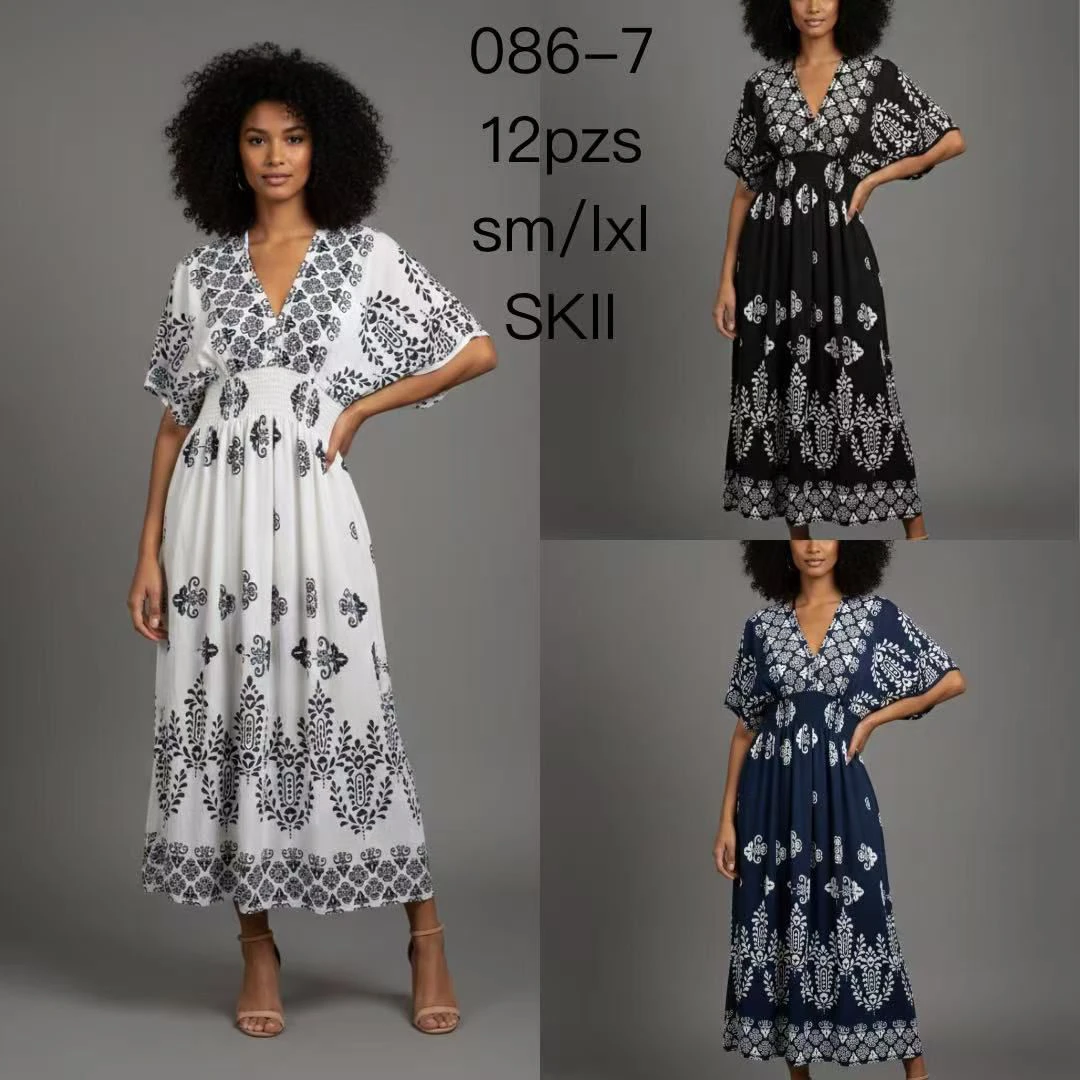 Vestido largo estampado con cuello V-086-7
