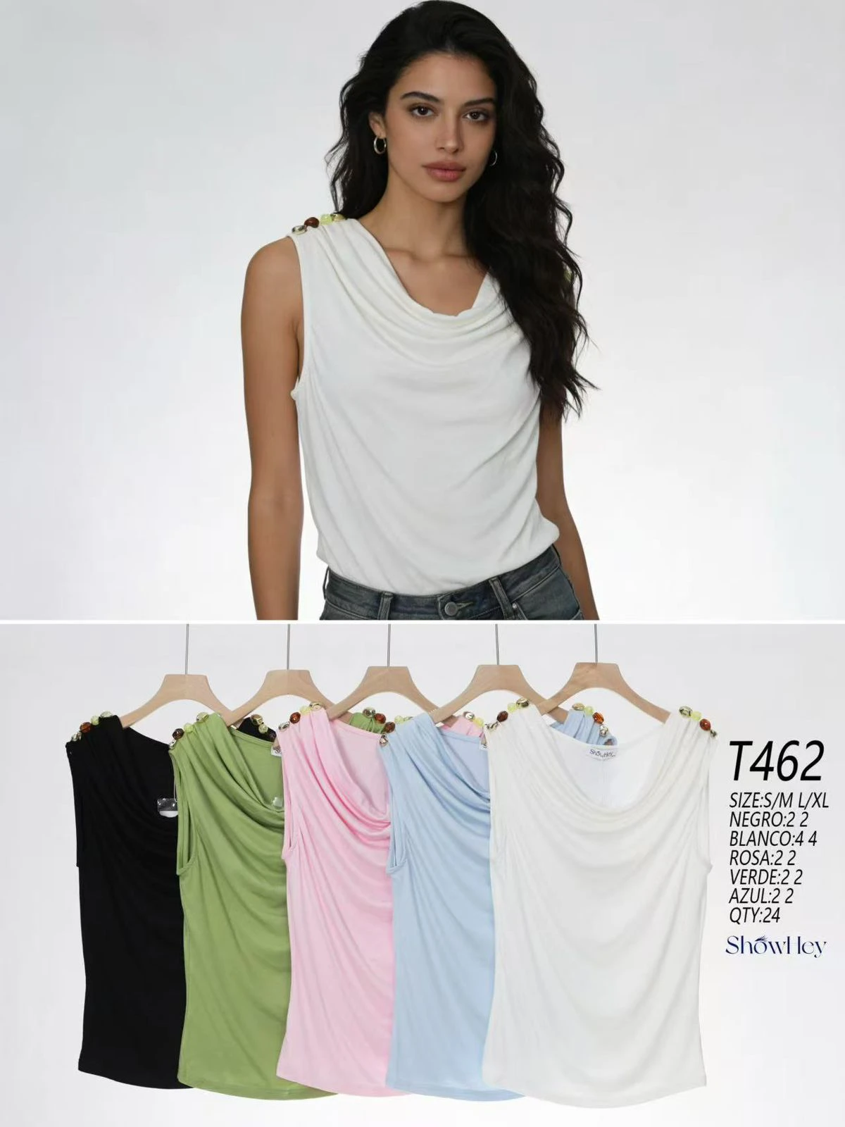 Blusa sin mangas con cuello drapeado-T462