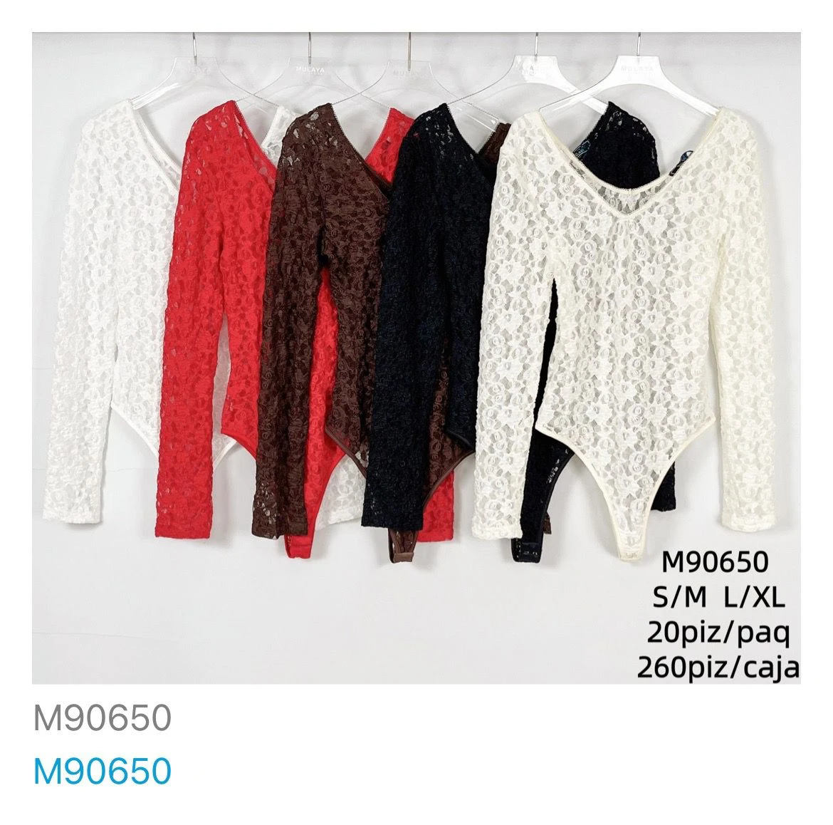 Bodysuit de encaje de manga larga con escote en V-M90650